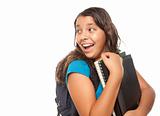 Pretty Hispanic Girl Looking Back with Books and Backpack Ready for School Isolated on a White Background.