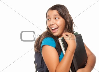Pretty Hispanic Girl Looking Back with Books and Backpack Ready for School Isolated on a White Background.