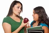 Hispanic Mother and Daughter with Books and Apple Ready for School Isolated on a White Background.