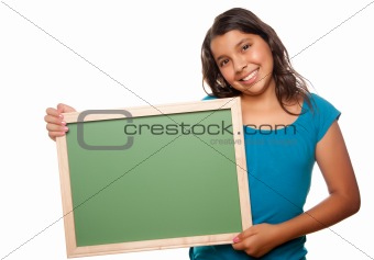 Pretty Hispanic Girl Holding Blank Chalkboard Isolated on a White Background.