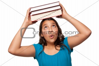 Pretty Hispanic Girl with Books on Her Head Ready for School Isolated on a White Background.