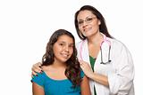 Pretty Hispanic Girl and Female Doctor Isolated on a White Background.
