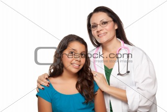 Pretty Hispanic Girl and Female Doctor Isolated on a White Background.