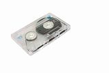 Transparent Compact Cassette isolated on white. Front right perspective view