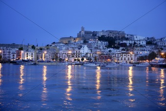 Ibiza island night harbor in Mediterranean
