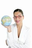 Blue global world map in businesswoman hands