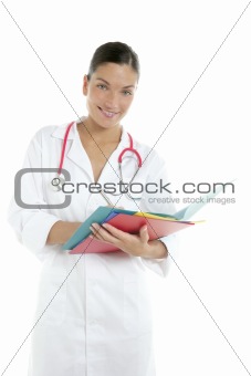 Beautiful woman doctor with colorful folders