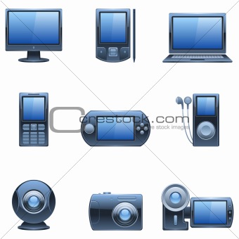 Nine dark blue computer and media icons.