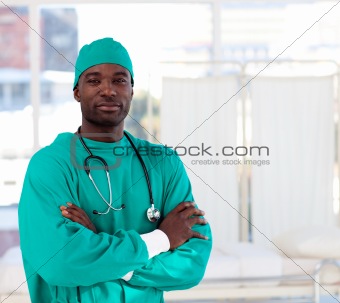 Portrait of a serious Afro-American surgeon looking at the camer