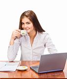 businesswoman with cap of coffee and laptop
