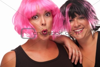 Portrait of Two Pink And Black Haired Smiling Girls Isolated on a White Background.