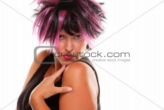 Pink And Black Haired Girl Portrait Isolated on a White Background.