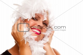 Pretty Girl with White Boa Isolated on a White Background.
