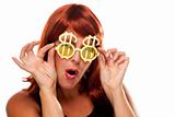 Red Haired Girl with Bling-Bling Dollar Glasses Isolated on a White Background.