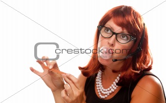 Red Haired Retro Receptionist Blowing a Bubble Isolated on a White Background.