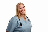 Friendly Female Blonde Doctor or Nurse Isolated on a White Background.