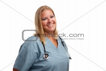 Friendly Female Blonde Doctor or Nurse Isolated on a White Background.