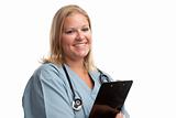 Friendly Female Blonde Doctor or Nurse with Clipboard Isolated on a White Background.