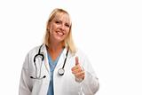 Friendly Female Blonde Doctor or Nurse with Thumbs Up Isolated on a White Background.
