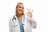 Friendly Female Blonde Doctor or Nurse with Okay Sign Isolated on a White Background.