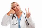 Friendly Female Blonde Doctor or Nurse Saying Take Two and Call Me Isolated on a White Background.