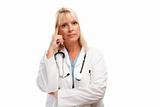Serious Female Blonde Doctor or Nurse Isolated on a White Background.