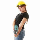 Young woman builder with driller