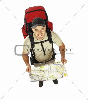 man with backpack and map