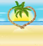 romantic beach, heart palm trees illustration