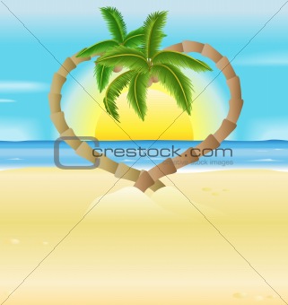 romantic beach, heart palm trees illustration