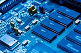 Blue electronic circuit close-up