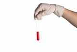 hand in a rubber glove holds a test tube with a liquid