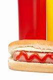 Hot dog with ketchup and mustard bottles