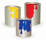 Three containers with yellow, red and blue paint.