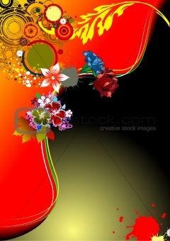 Floral background with old ship image. Vector illustration. 