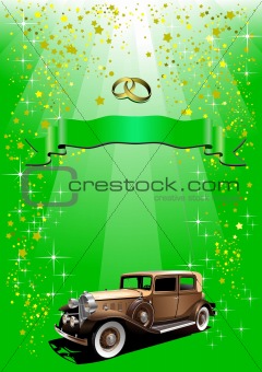 Holiday green background with green ribbon and retro car. Vector