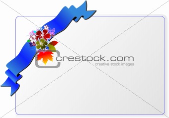 Invitation card with blue ribbon and flowers. Vector illustratio