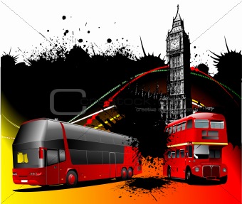 London background with two generations of double Decker  red bus
