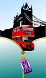 London images with open zipper and double Decker bus.  Vector il