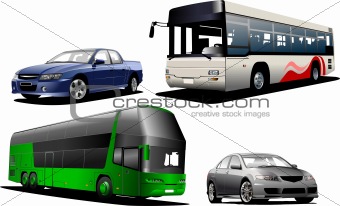 Two buses and two cars on the road. Vector illustration