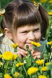 Little cute girl is sniffing at the dandelion 