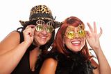 Beautiful Smiling Girls with Bling-Bling Dollar Glasses and Funky Hat Isolated on a White Background.