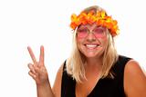 Beautiful Smiling Hippie Girl with Peace Sign Isolated on a White Background.