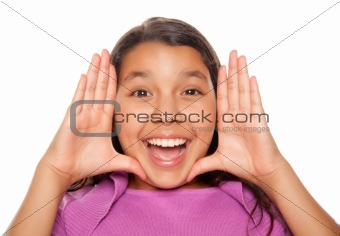 Pretty Hispanic Girl Framing Her Face with Hands Portrait Isolated on a White Background.