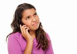 Frowning Hispanic Girl On Cell Phone Isolated on a White Background.