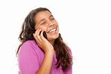Happy Pretty Hispanic Girl On Cell Phone Isolated on a White Background.