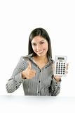 Calculator businesswoman happy for good stats