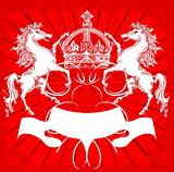 White Horses and Crown On Red Ornate Background. Vector Illustration. No Meshes.