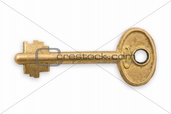 Old bronze key isolated.