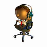 3d business man character sitting in a chair with headphones